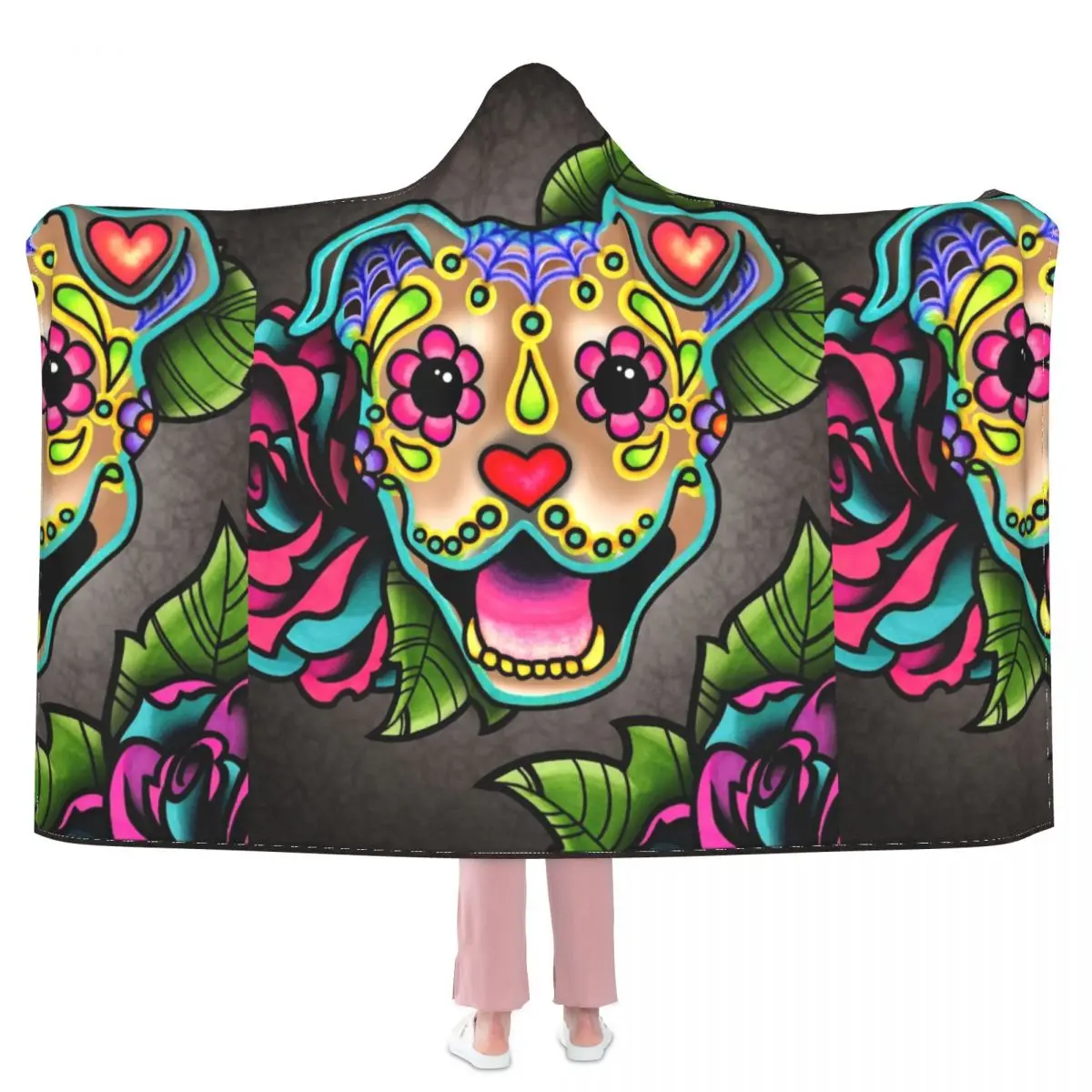 

Smiling Pit Bull In Fawn Day Of The Dead Blanket Happy Dog Meditation Soft With Hood Blanket Fashion Novelty Fleece Bedspread