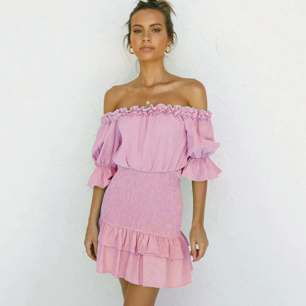 

Summer Women's Sexy Off-shoulder One Word Neck Ruffle Short Sleeved Folds Buttocks Stitching Ruffled Nightclub Mini Dresses 2022