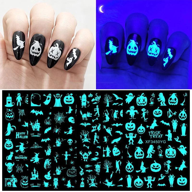 

1 Sheet Halloween Luminous Series Nail Stickers Designs Gummed 3D Nail Art Stickers Decals Makep Art Decorations