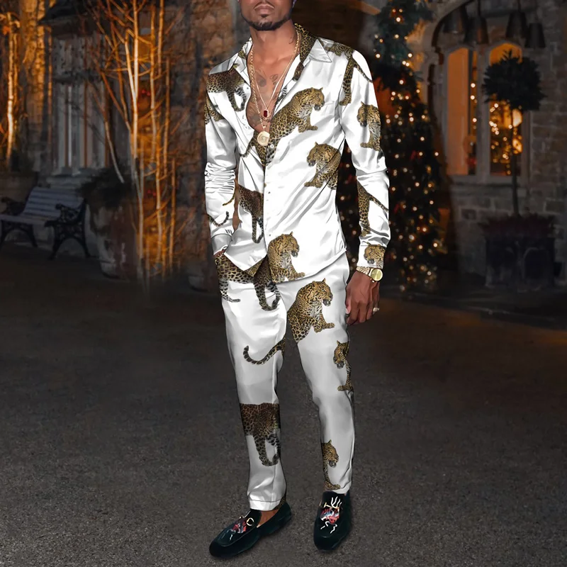 Spring Autumn Men Party Dress Shirt + Pants Fashion Animals 3D Element Harajuku Cardigan Slacks S-4XL Oversized Men's Clothes