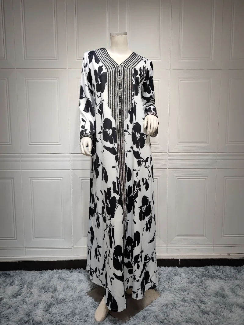 Muslim Fashion 2023 Spring Summer Muslim Women V-neck Long Sleeve Polyester Printing Long Abaya Muslim Dresses Abayas for Women