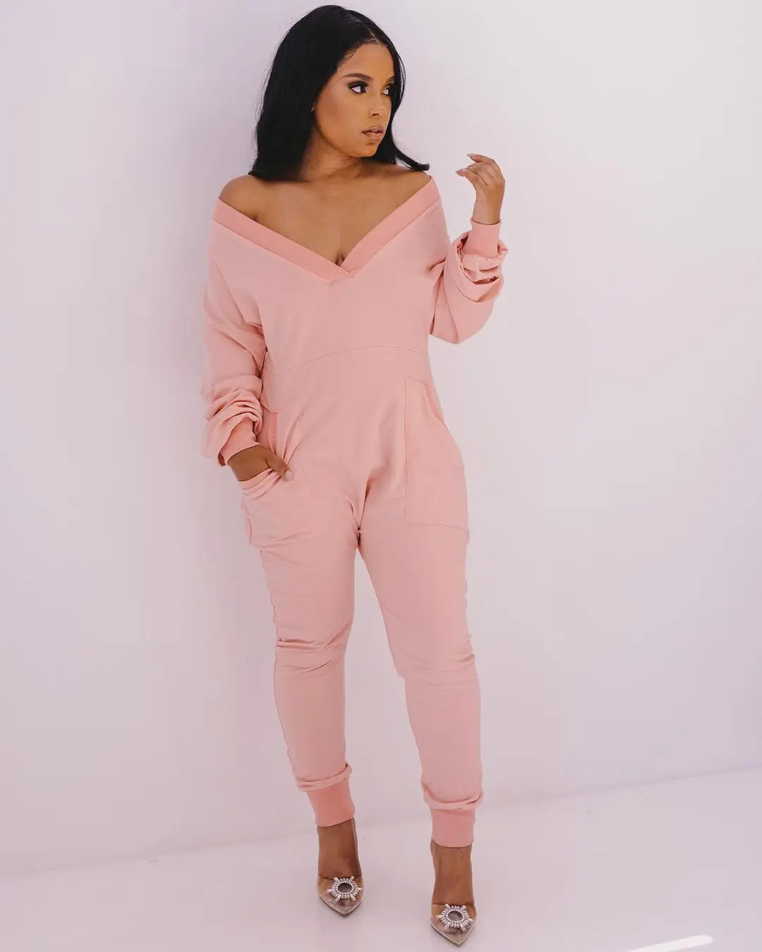 Sexy Deep V-neck JumpSuit Women Paneled Pockets Long Sleeves Harlan Pants Jumpsuits Autumn Streetwear Fashion Womens Clothing