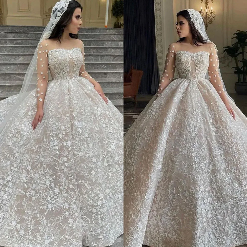 

Elegant Ball Gown Wedding Dress Long Sleeves Bateau Neck Lace Appliques Sequins Embroidery Bridal Gowns Robe De Mariée Plus Size