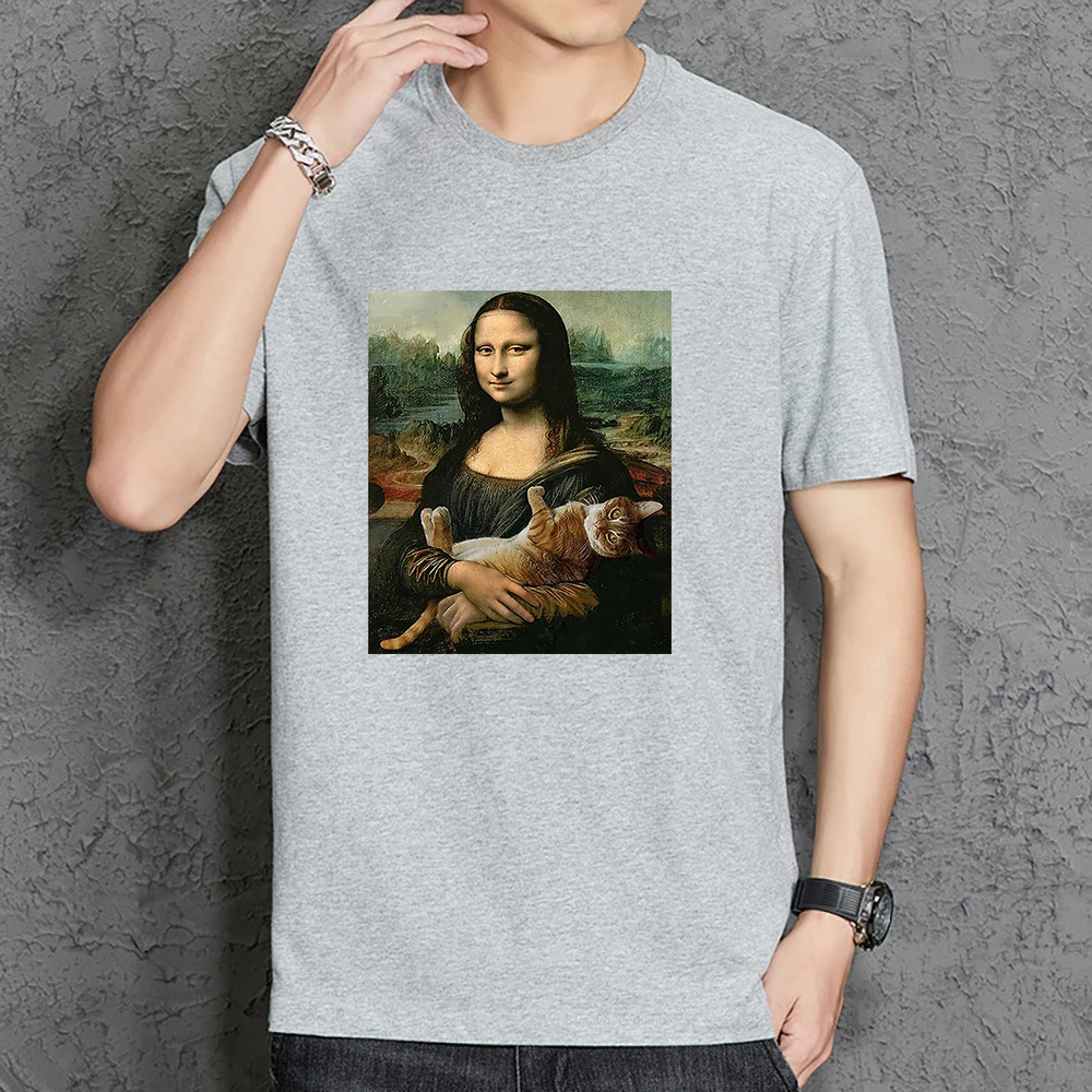 

Футболка мужская с рисунком Моны Лизы и кошки, модная тенниска свободного покроя из хлопка, мягкая майка с круглым вырезом