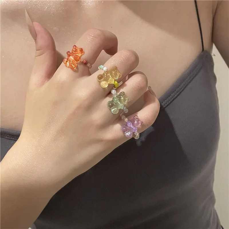 

INS Cute Acrylic Candy Color Handmade String Colorful Millet Bead Bear Elastic Rope Ring for Women Girl Gifts Drop Shipping