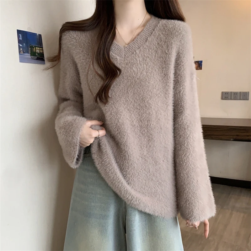 Большой размер норковый свитер с v-образным вырезом для полных девочек женский