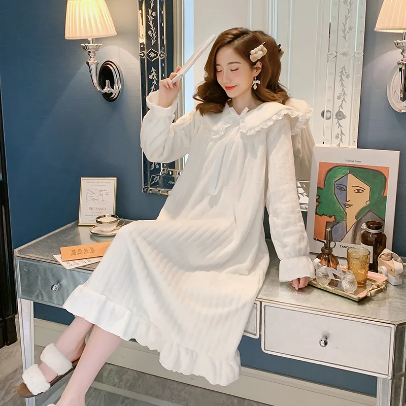 Winter Warm Women Fashion Coral Fleece Pajamas Drees Solid Color Cute Long Nightdress