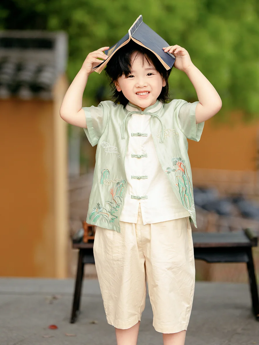Летняя одежда Hanfu для мальчиков 2024 детская в старинном стиле Sinology детские брюки