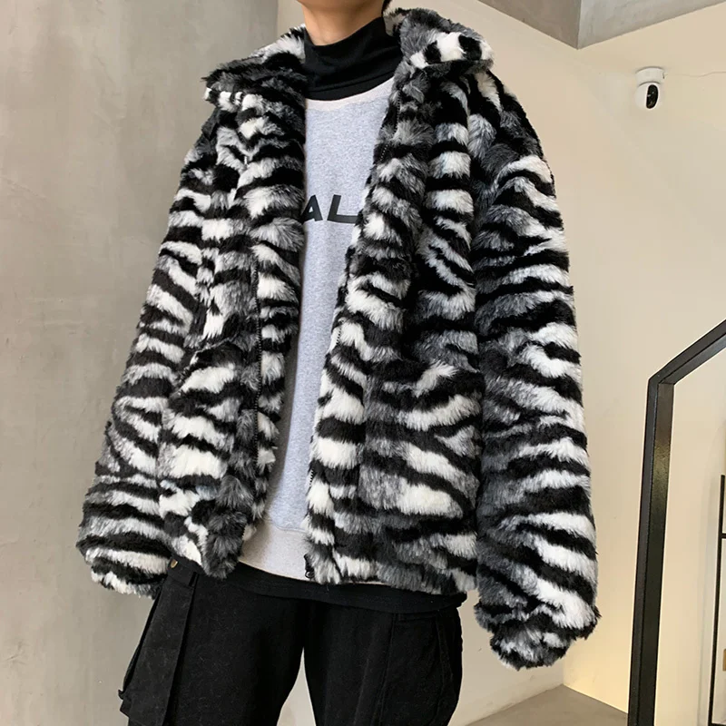 Winter Jacket Men Warm Fashion Retro Stripe Thickened Fur Jacket Men Streetwear Korean Loose Thick Plush Short Coat Mens Clothes