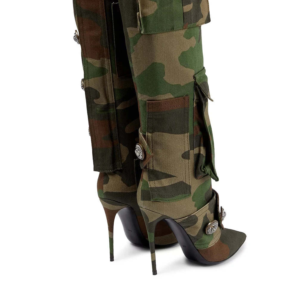 Autumn Winter  women's Knee High Boots Pointed Toe High Heel Slip On Sexy Denim Camouflage Button Vintage Fashion Tall Boots