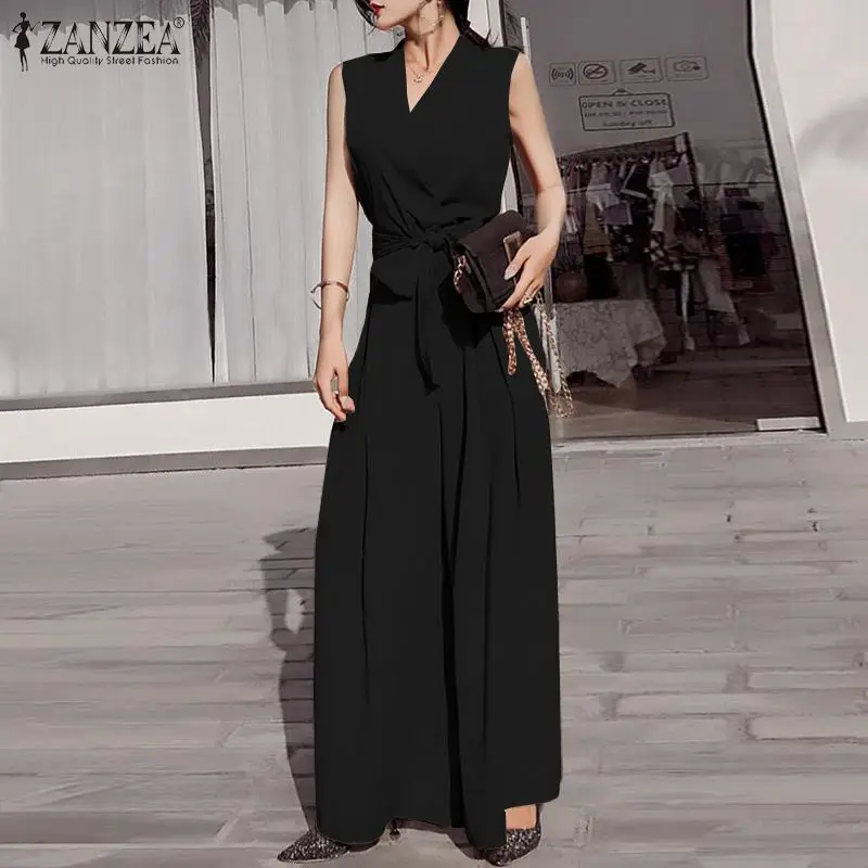 

Female Solid Rompers Playsuits 2022 ZANZEA Summer Women's Sleeveless V-Neck Jumpsuits Vintage Suspender Overalls Wide Leg Pants