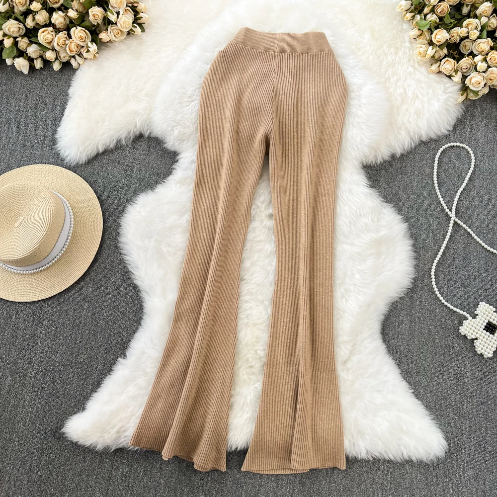

Autumn/Winter Korean Drawstring Elasticated Waist-high Waist-slimming Micro-lapel Casual Split Knit Wide-leg Long Pants