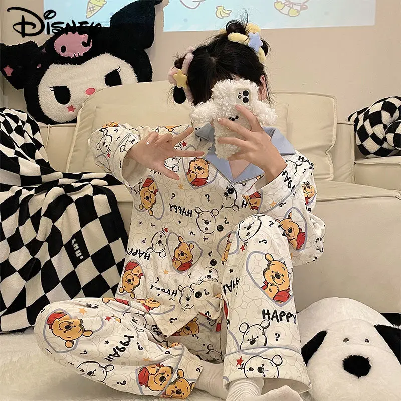 

Disney Pooh Bear Home Clothes Spring Cartoon Cute Pajamas Suit Women Top Shirts Trousers 2 Piece Set Y2k Korean Style Sleepwear