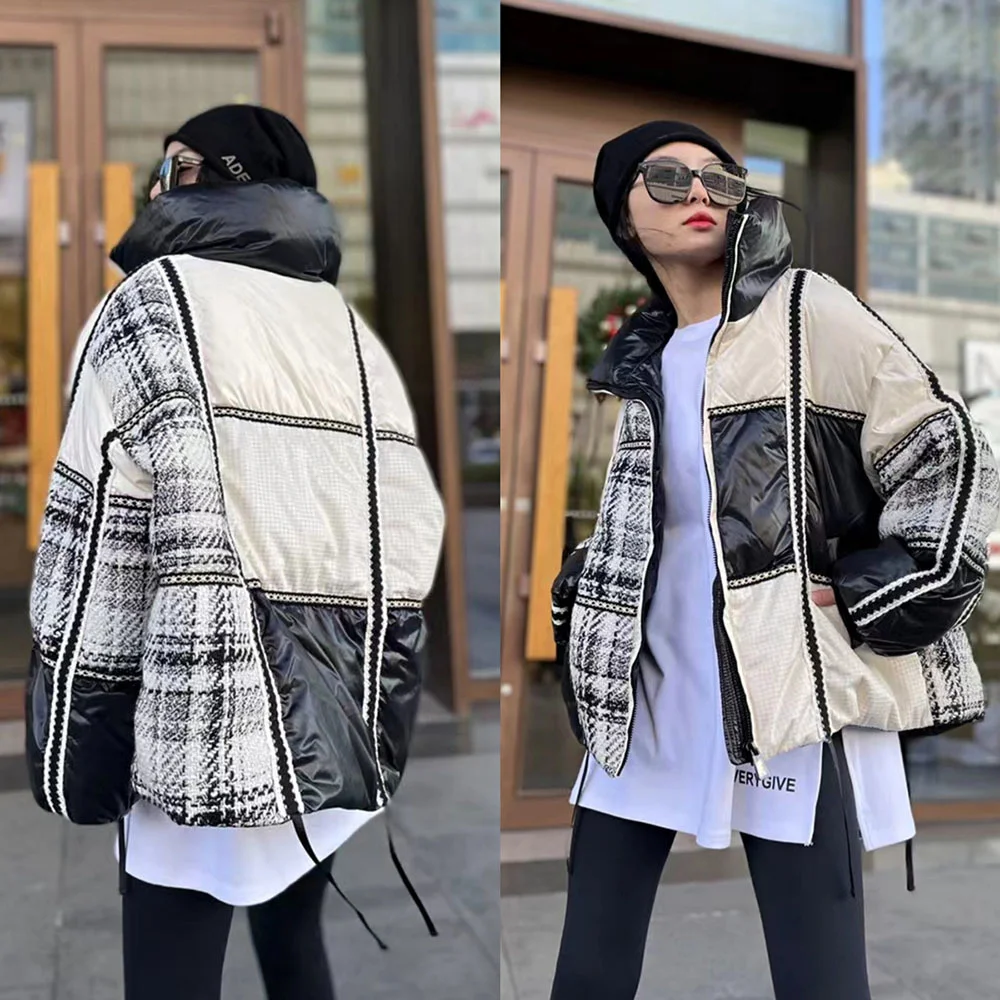 Collor Korean Patchwork Stand Woolen Plaid Knitted for Women Chic Puffer Jacket Hipster Streetwear Winter Down Parka