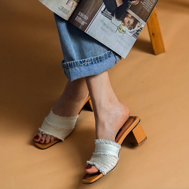 

Туфли женские на толстом квадратном каблуке 5,5 см, Элегантные вязаные, винтажные шлепанцы, сандалии с открытым носком, во французском стиле, ...
