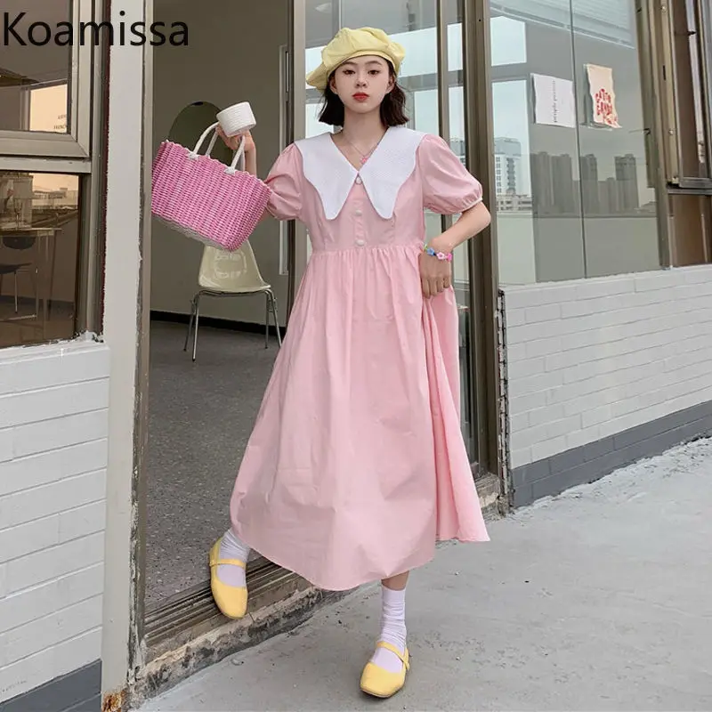 

Koamissa Sweet Women Maxi Dress Short Sleeve Pret Pan Collar A Line Summer Student Dresses Patchwork Female Out Holiday Vestidos