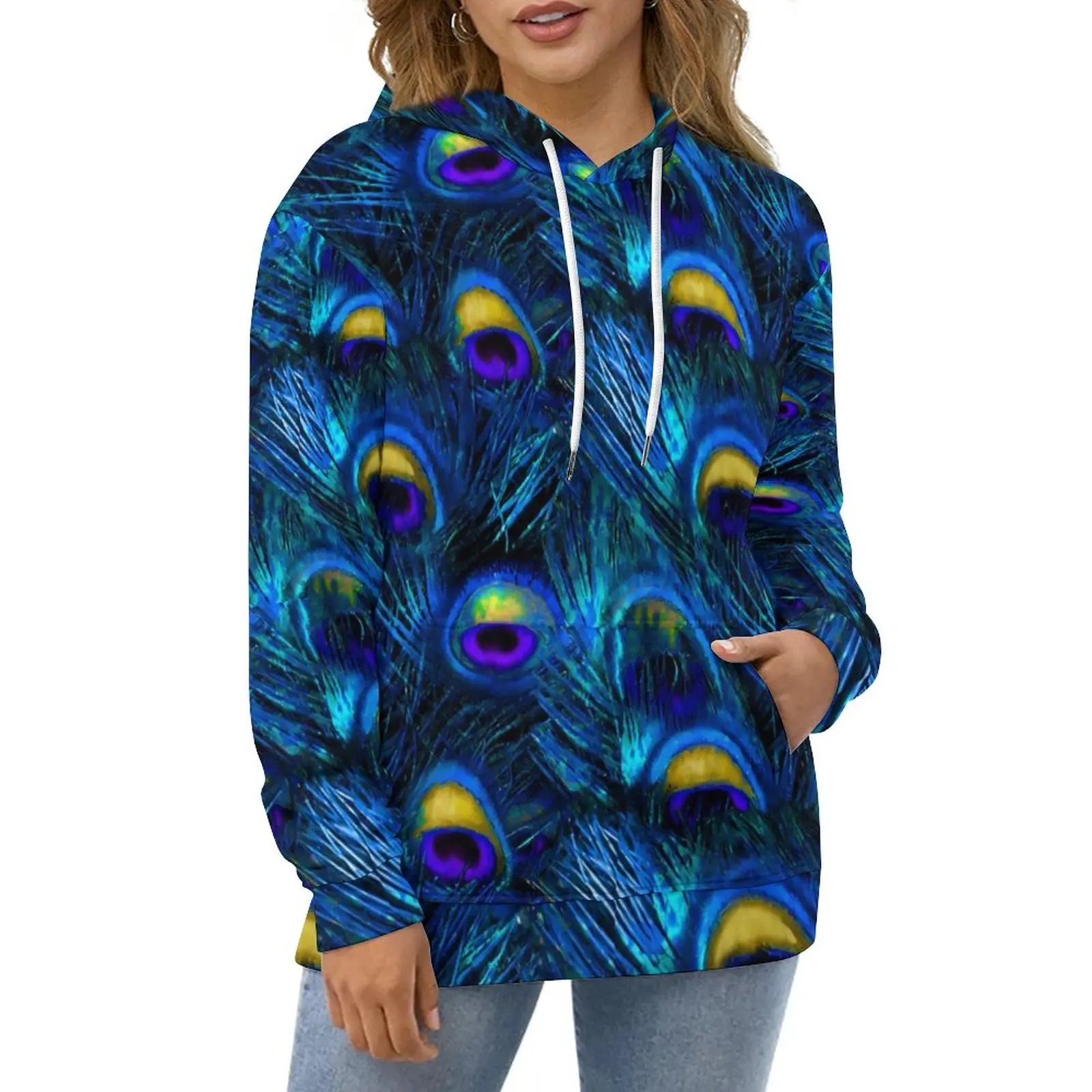 

Повседневные толстовки с изображением павлиньих перьев, милый дизайн, свободная толстовка с капюшоном, зимние толстовки большого размера с длинным рукавом в стиле Харадзюку