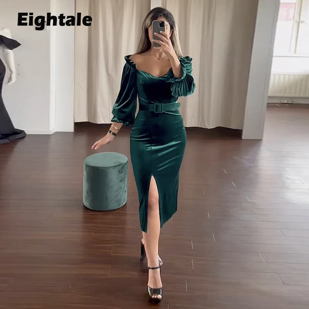 

Eightale Velvet Evening Dresses Emerald Green V-Neck Short Mermaid Prom Gowns Belt Mid Length Arabic Dubai Formal Party Dress