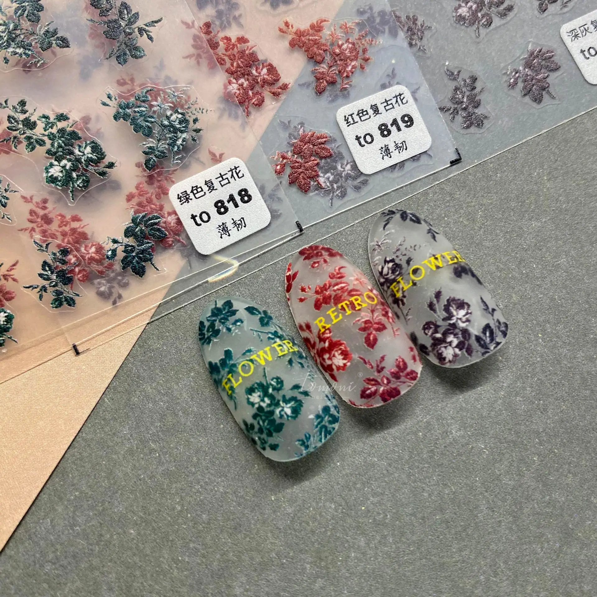 

New craft thin tough hot glue cute manicure sticker 3d retro flower rose nail decoration sticker color retro flower