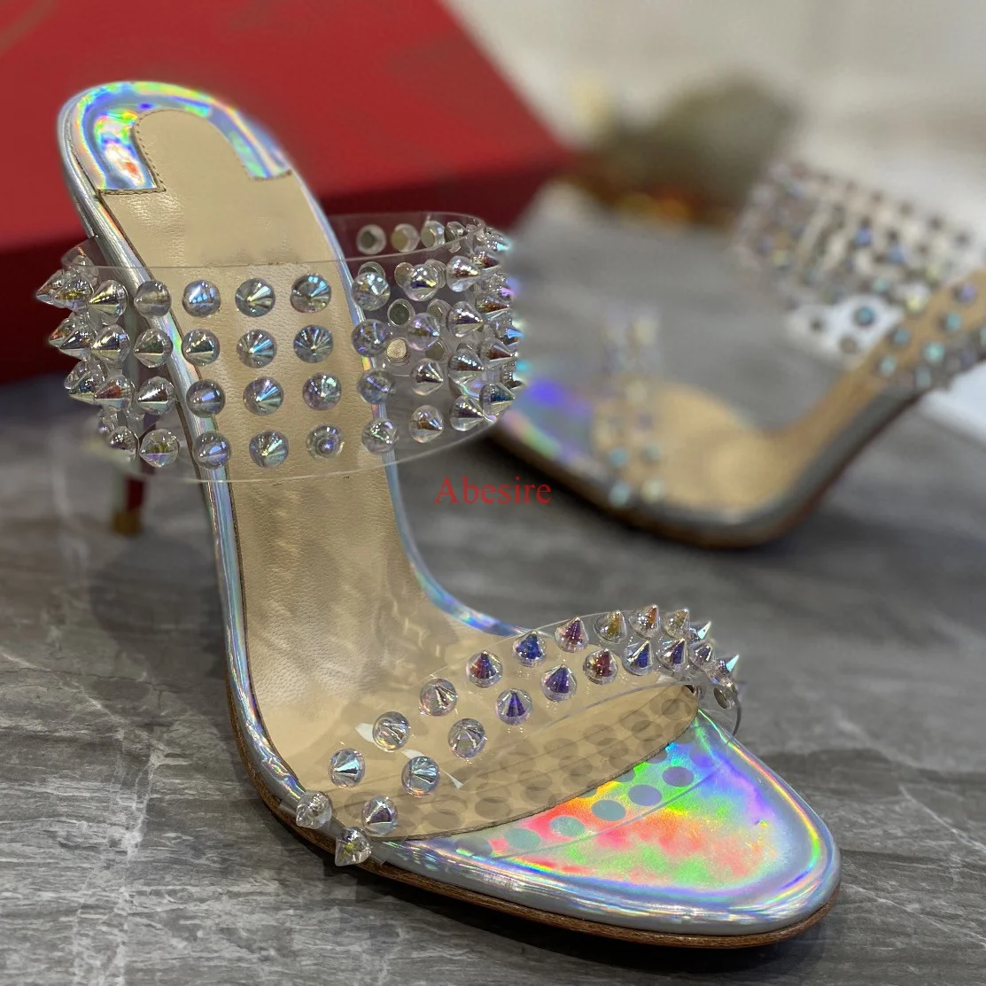 

Женские Босоножки на каблуке, с острым носком, из ПВХ