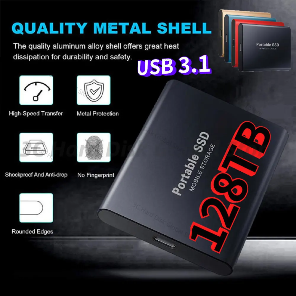 

128TB Portable SSD 2TB External Solid State Drive 4TB High Speed External Hard Drive M.2 USB 3.1 Interface Mass Storage Disk