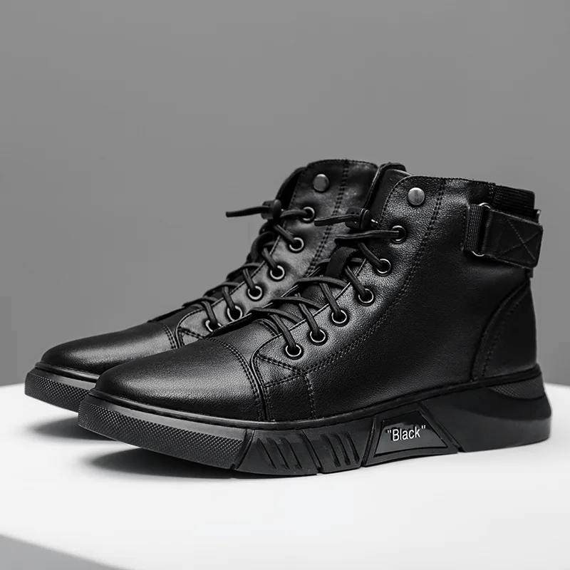 

Men Leather Boots Flat Ankle Boots Warm Cotton Shoes Plus Velvet Flatheel Sports Men Boots Casual Side Zipper Round Solid Color
