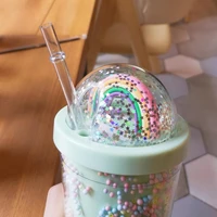 new creative rainbow plastic water cup portable outdoor double layer color bead drink cup large capacity female straw cup