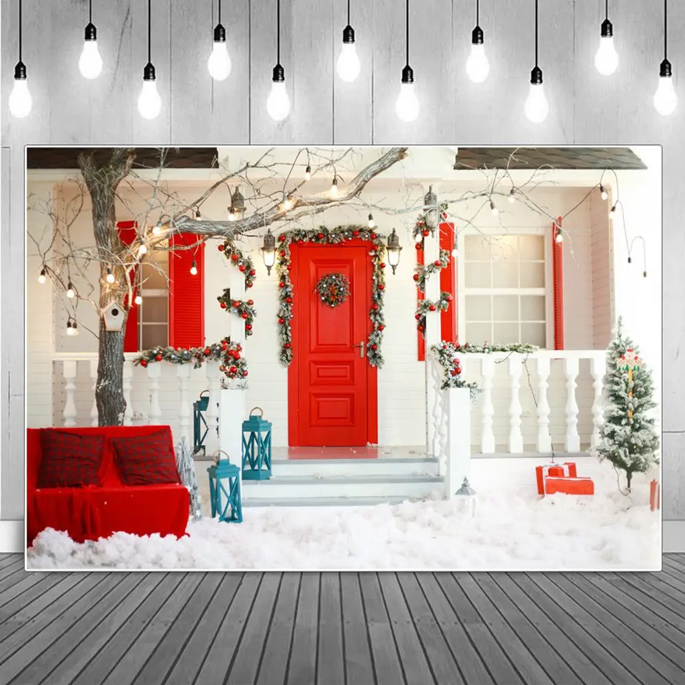 

Christmas Decoration House Front Door Photography Backdrop Red Gate Window Trees Stairs Gifts Sofa Snow Floor Photo Background