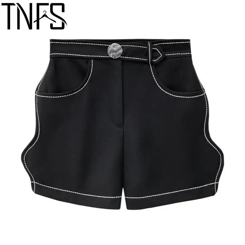

Шорты TNFS женские с завышенной талией, модные Универсальные с декоративными волнистыми краями, с поясом, черные, лето 2022
