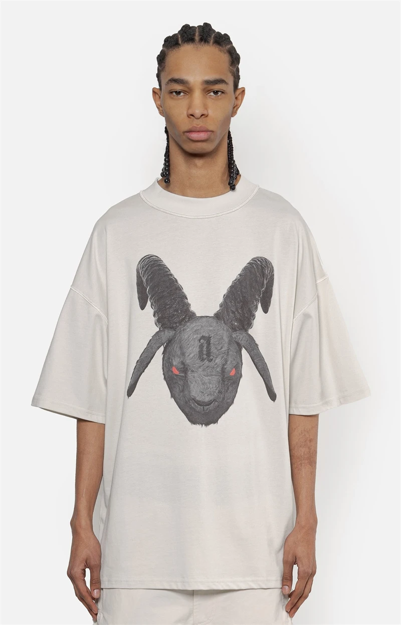 

Arnodefrance Loose Washed Streetwear T-shirts Red Eyed Capricorn Goat Head Print ADF 1:1 Top Quality Vintage