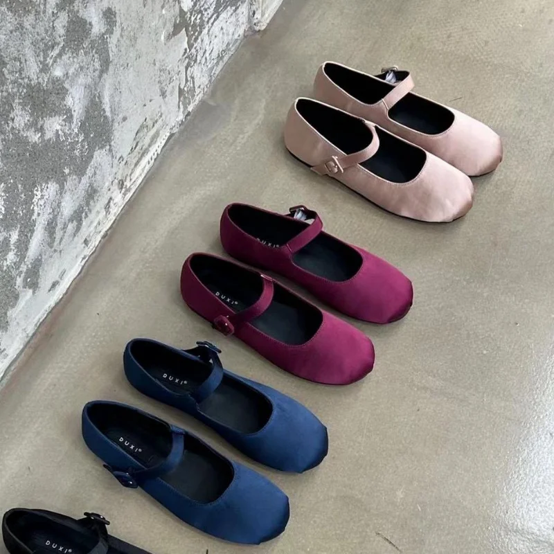 

2023 NEW Women Flat Silk Women's Square Toe Retro Single Shoes One Word Buckle Round Mary Jane Shoes Ballerina Flats Mujer