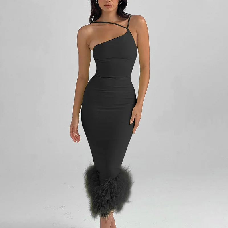 

2022 New Women Robe Summer New Sleeveless Bodycon Long Dress Clubwear Elegant One Shoulder Feather Bottom Midi Dress 2 Colors