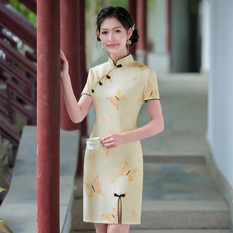 

Весеннее короткое Элегантное повседневное платье абрикосового цвета в стиле Ципао для молодых девушек улучшенное платье в китайском стиле для женщин 2023