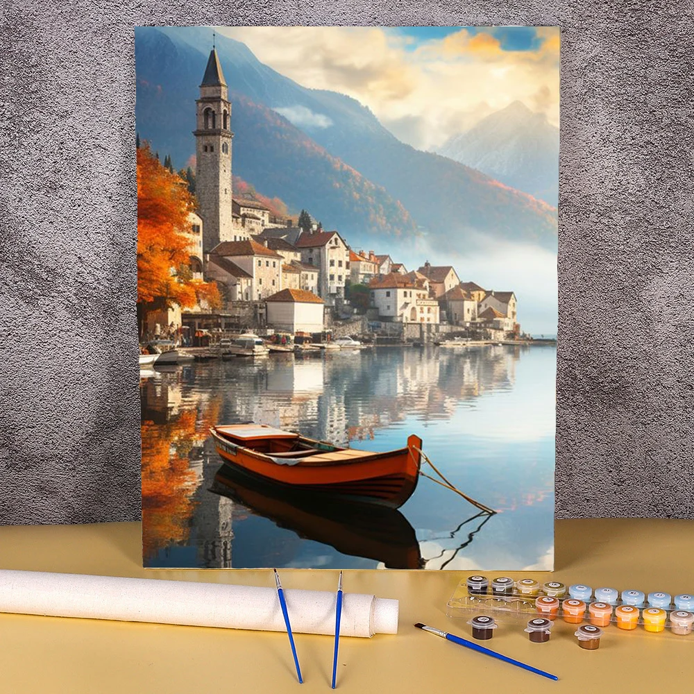 Безрамная картина маслом по номерам Водный город DIY краска пейзаж холст ручная