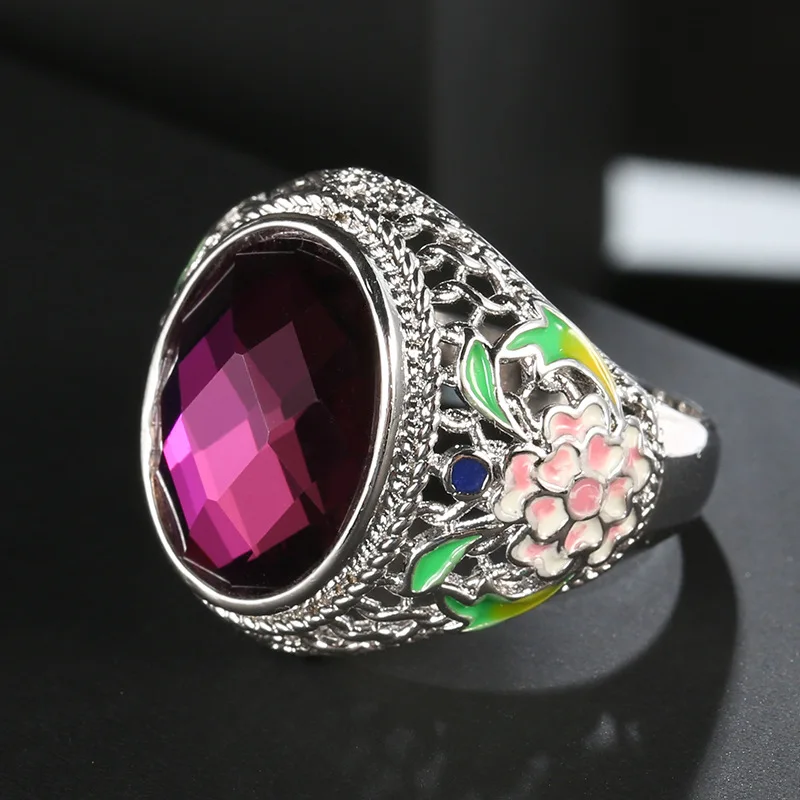 

2022 New Chinese Style Colorful Enamel Ring for Women Fashion Tibetan Silver Purple Glass Stone Ring Vintage Jewelry Wholesale