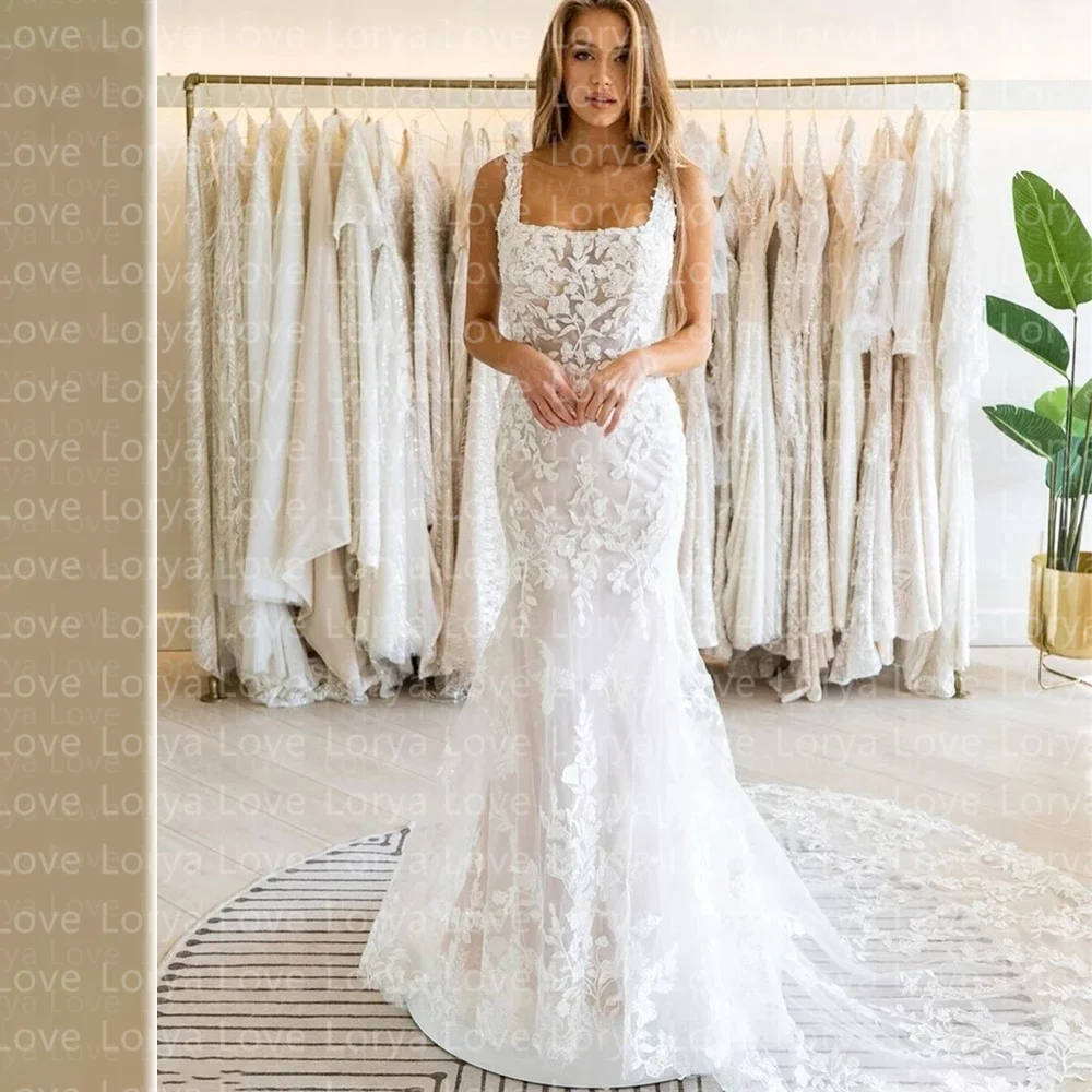 

Vintage Full Lace Wedding Dress Elegant Mermaid Square Tank Neck Sweep Train Robe De Mariée 2023 Country Bridal Gowns Marriage