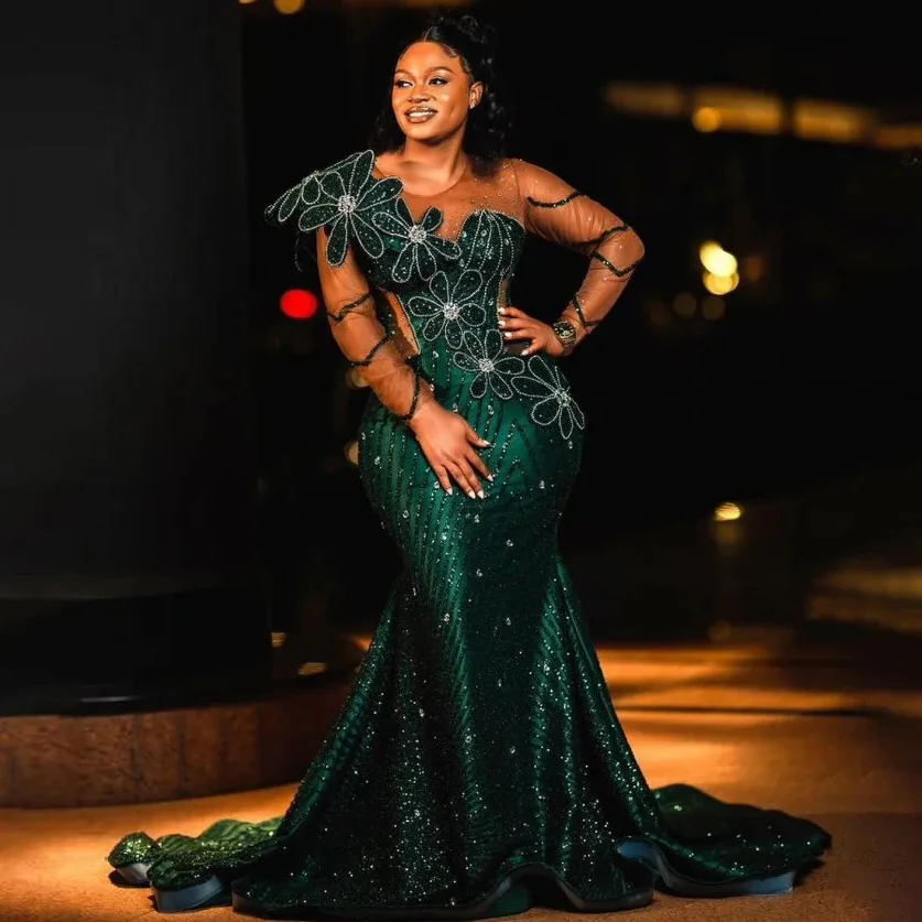 

Блестящие вышитые бисером кружевные африканские официальные платья для выпускного вечера с цветами ручной работы блестящее зеленое свадебное платье для гостей Asoebi женское платье 2024