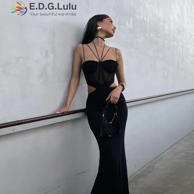 EDGLuLu черное длинное платье без бретелек с открытой спиной женское сексуальное