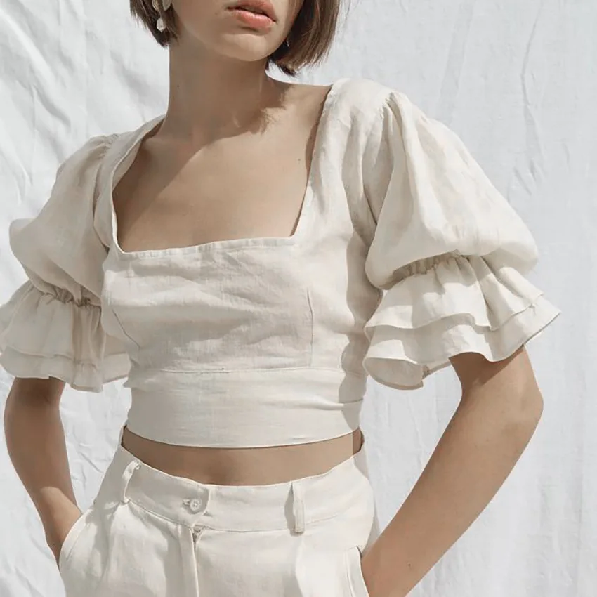 

Summer Cotton Linen T-shirt For Women Newly Elegant Sweet Square Collar Puff Sleeve Backless Bow Streetwear CropTop Camisetas