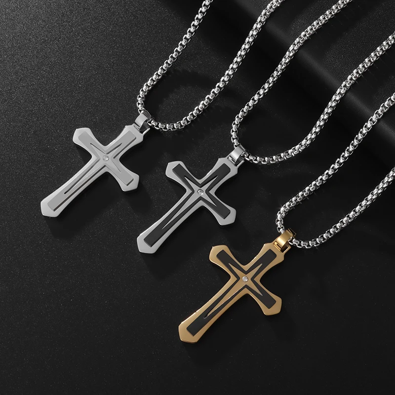 

New Vintage Cross Pendant Necklace Fashion Colorblock Stainless Steel Street Party Necklace Accessories