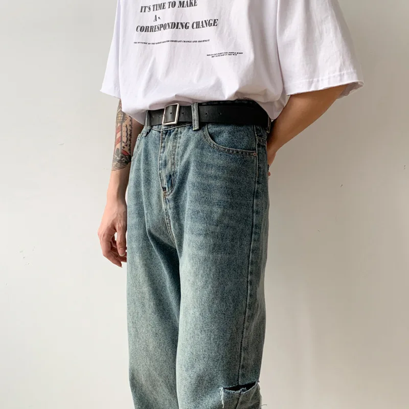 Men's Solid Color Simple Straight Loose Jeans Ripped Hole Design Casual Trousers Y2k Pants Men's Street Men's Clothing Men Jeans