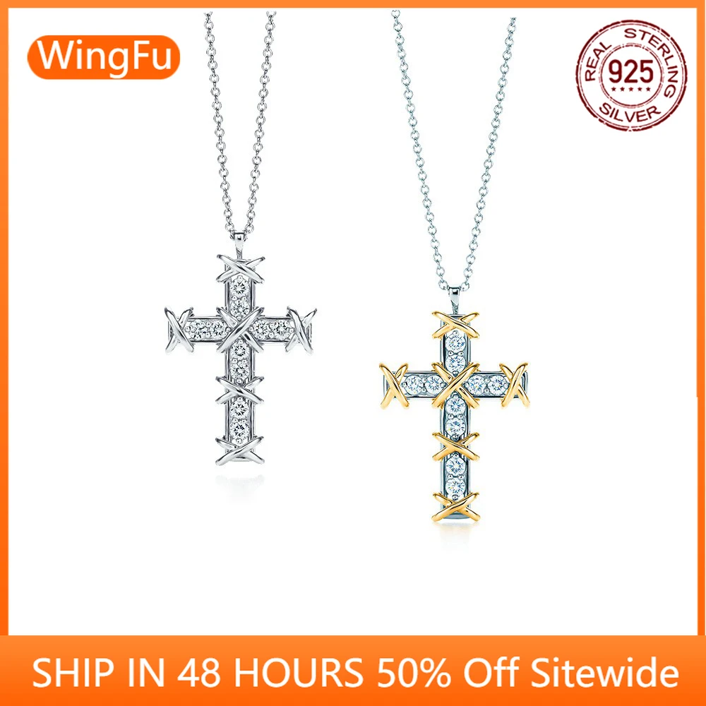 

Ladies Simple s925 Sterling Silver Cross Pendant Set With Zircon Classic Collection Luxury Necklace Birthday Party Gift