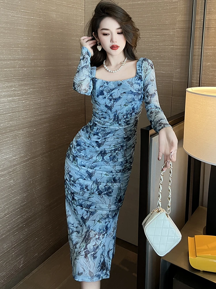 

Женское винтажное вечернее платье, элегантное Сетчатое облегающее платье миди с квадратным вырезом и цветочным принтом, весна-осень