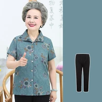 elderly women summer clothes short sleeved lapel shirt trousers middle aged mother two piece set print grandma pant suit xl 5xl