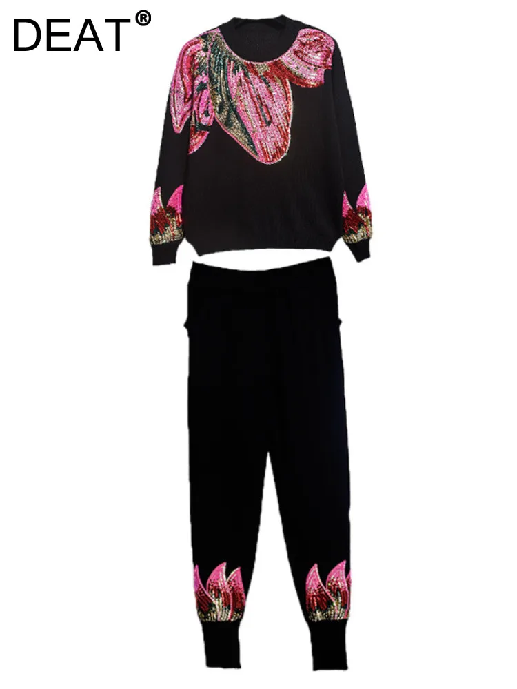 

DEAT Casual Loose Embroidery Knitting Two-piece Sets 2023 New Winter Fashion Long Sleeve Round Neck Tops + Pants Women 13V1406