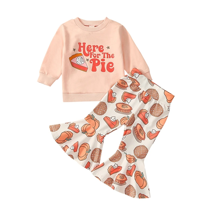 

Toddler Baby Girl Thanksgiving Outfits Pumpkin Pie Sweatshirt Top Flare Bell Bottom Pants Set Fall Clothes
