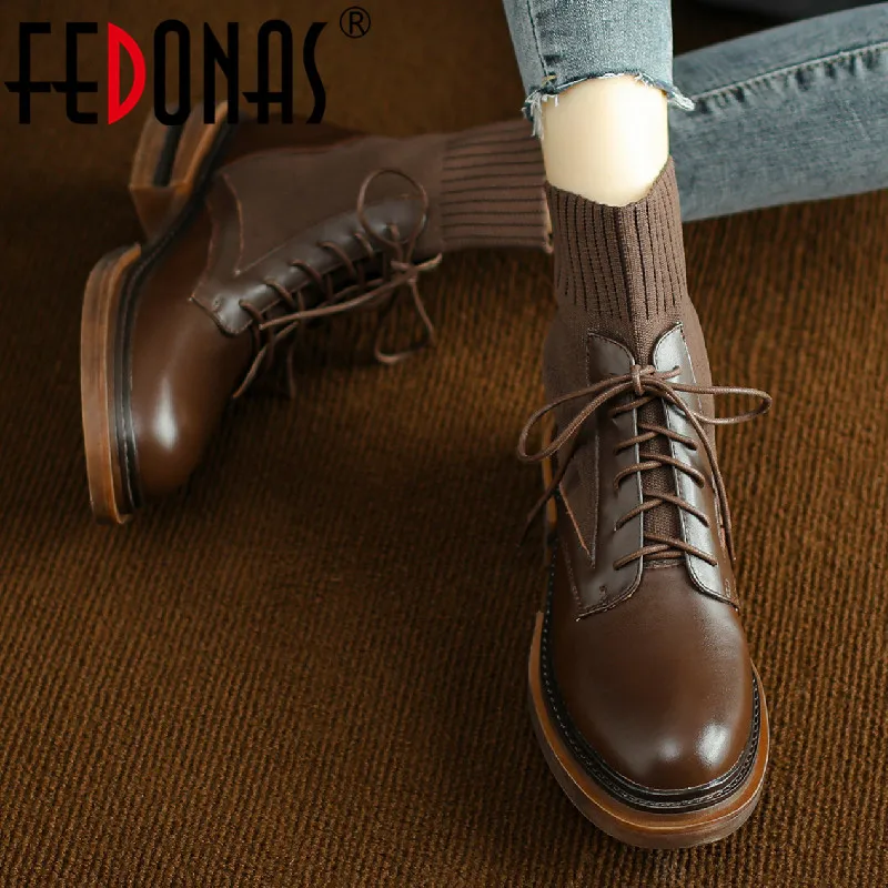 

FEDONAS Women Ankle Boots Lace-Up Genuine Leather Mature Fashion Office Ladies Casual Thick Heels Shoes Woman Autumn Winter