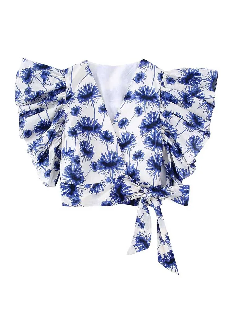 

Женская короткая блузка на завязках, элегантная рубашка с запахом, V-образным вырезом и цветочным принтом, лето 2022