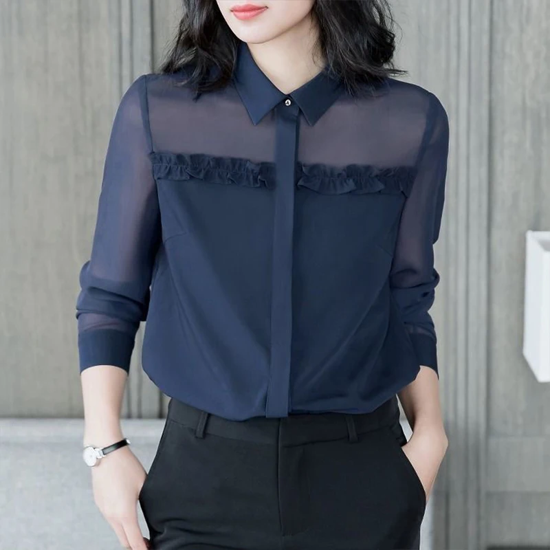 

Women's Spring Autumn Style Blouse Shirt Women's Button Turn-Down Collar Solid Color Long Sleeve Korean Elegant Tops
