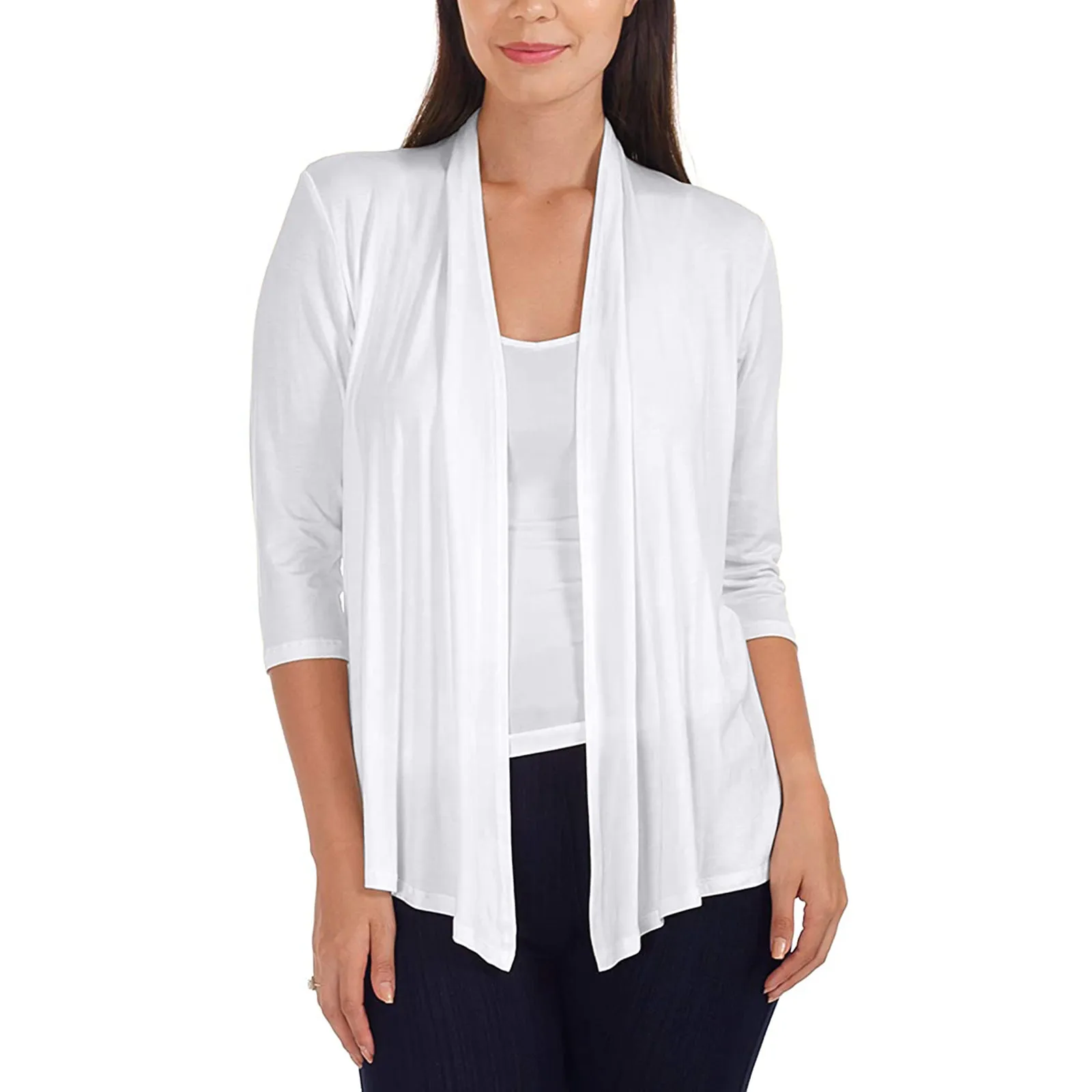 

Women Autumn Casual Cardigan Solid Three-quarter Sleeve Pleated Open Coat Ladies Short Cardigan Sweater Taupe